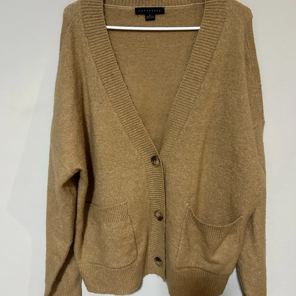 Sanctuary Camel Tan Knit Cardigan Sweater – Button Front, Pockets Size L 0224